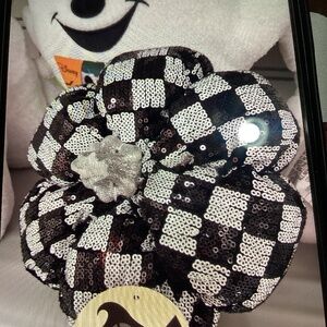 New  Creepy Cottage Halloween Silver and Black Checkered Fabric Pumpkin